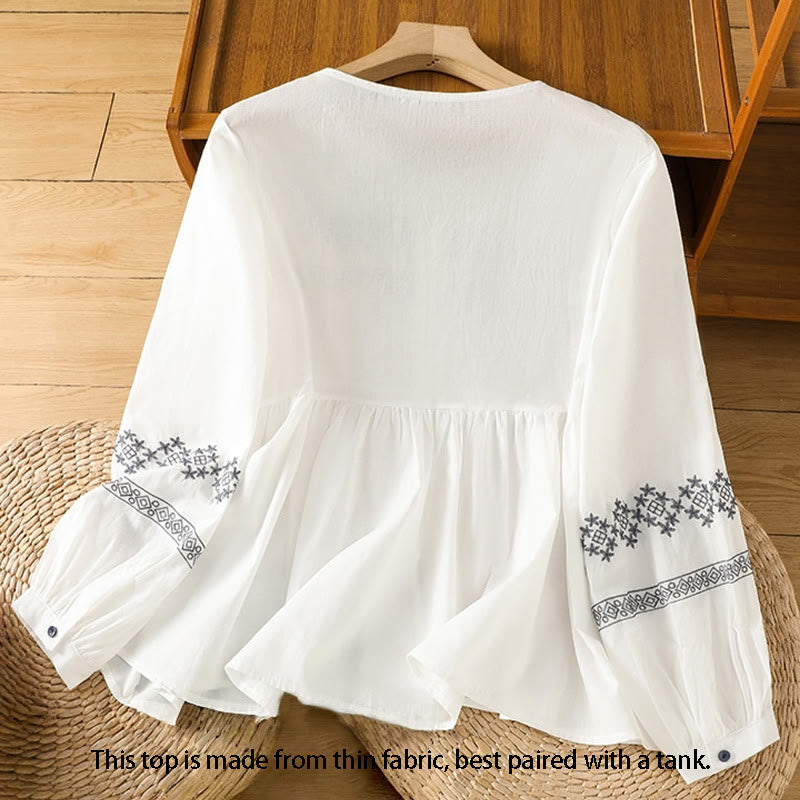 Buddha Stones Embroidery Pleated Buttons Long Lantern Sleeve Women's Cotton Shirt - image 1
