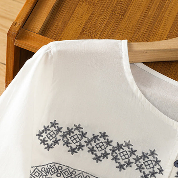 Buddha Stones Embroidery Pleated Buttons Long Lantern Sleeve Women's Cotton Shirt - image 4