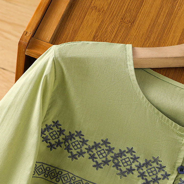 Buddha Stones Embroidery Pleated Buttons Long Lantern Sleeve Women's Cotton Shirt - image 22