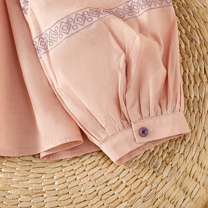 Buddha Stones Embroidery Pleated Buttons Long Lantern Sleeve Women's Cotton Shirt - image 17