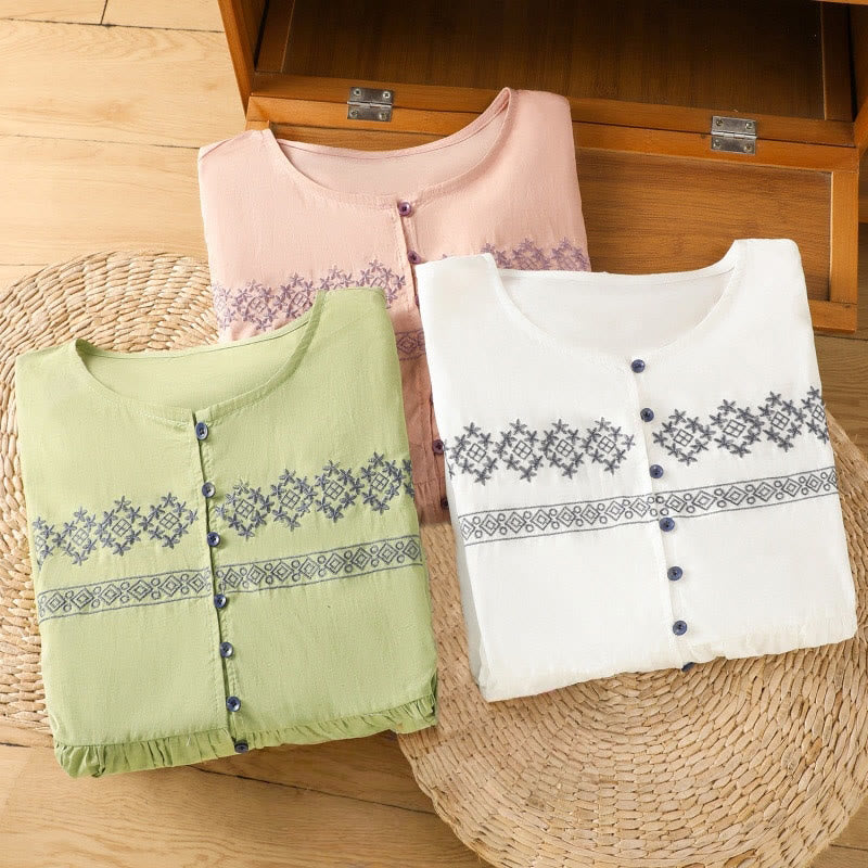 Buddha Stones Embroidery Pleated Buttons Long Lantern Sleeve Women's Cotton Shirt - image 31