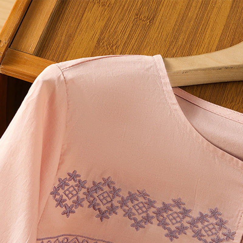 Buddha Stones Embroidery Pleated Buttons Long Lantern Sleeve Women's Cotton Shirt - image 14