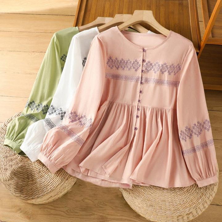 Buddha Stones Embroidery Pleated Buttons Long Lantern Sleeve Women's Cotton Shirt - image 30