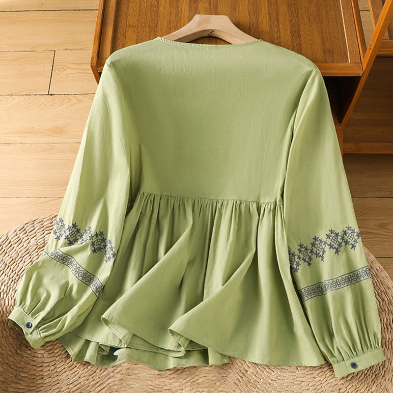 Buddha Stones Embroidery Pleated Buttons Long Lantern Sleeve Women's Cotton Shirt - image 21