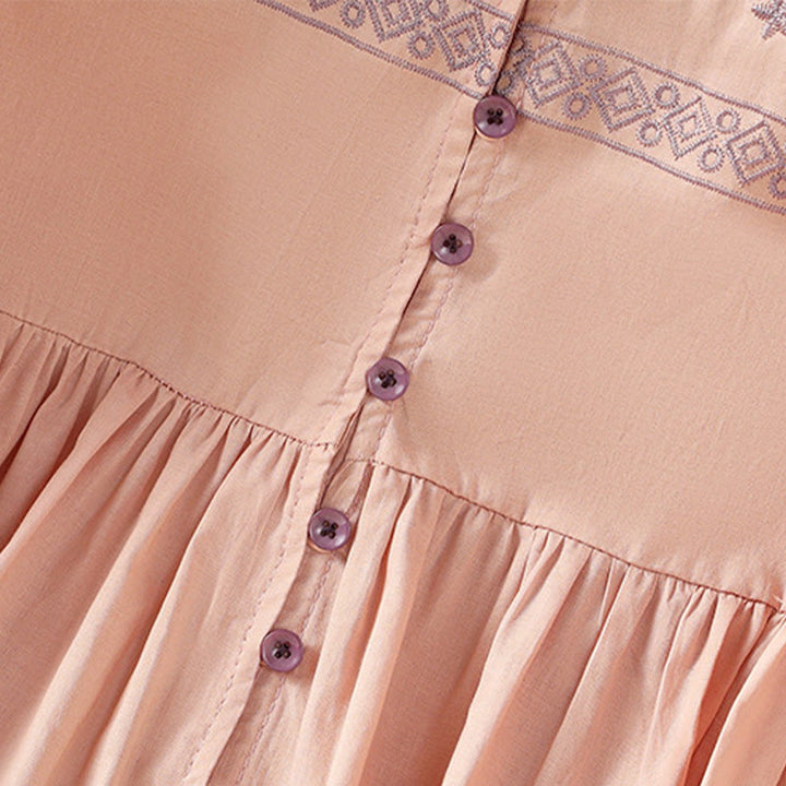 Buddha Stones Embroidery Pleated Buttons Long Lantern Sleeve Women's Cotton Shirt - image 15