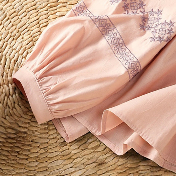 Buddha Stones Embroidery Pleated Buttons Long Lantern Sleeve Women's Cotton Shirt - image 16