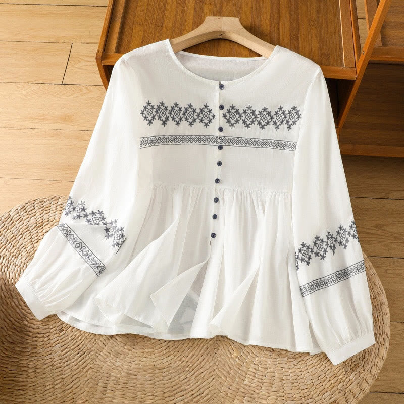 Buddha Stones Embroidery Pleated Buttons Long Lantern Sleeve Women's Cotton Shirt - White - US12，UK/AU16，EU44 (2XL) - image 1