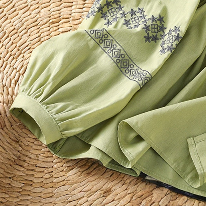 Buddha Stones Embroidery Pleated Buttons Long Lantern Sleeve Women's Cotton Shirt - image 26