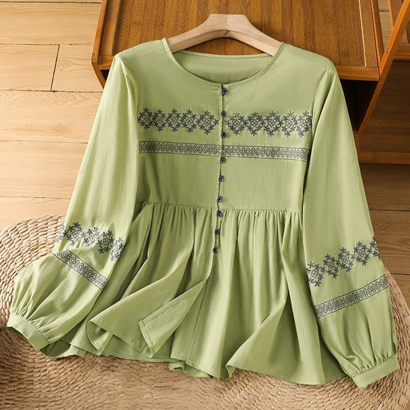 Buddha Stones Embroidery Pleated Buttons Long Lantern Sleeve Women's Cotton Shirt - YellowGreen - US12，UK/AU16，EU44 (2XL) - image 20
