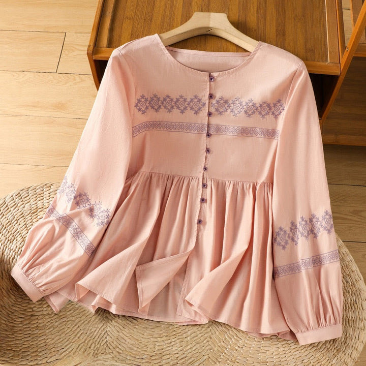 Buddha Stones Embroidery Pleated Buttons Long Lantern Sleeve Women's Cotton Shirt - LightSalmon - US12，UK/AU16，EU44 (2XL) - image 9