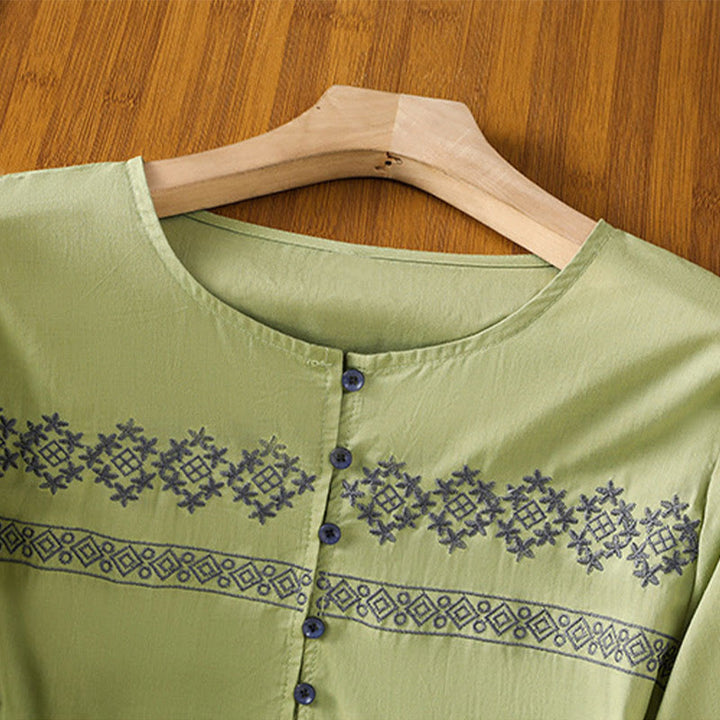 Buddha Stones Embroidery Pleated Buttons Long Lantern Sleeve Women's Cotton Shirt - image 22