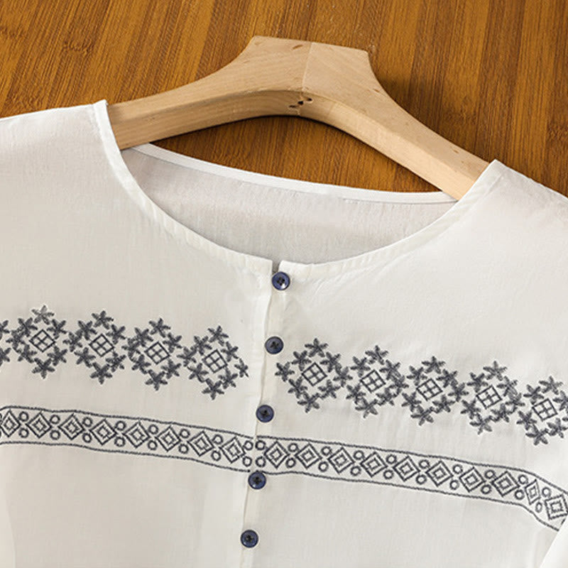 Buddha Stones Embroidery Pleated Buttons Long Lantern Sleeve Women's Cotton Shirt - image 3
