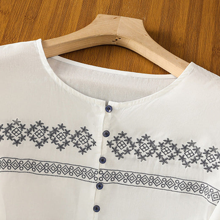 Buddha Stones Embroidery Pleated Buttons Long Lantern Sleeve Women's Cotton Shirt - image 3