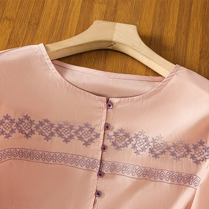 Buddha Stones Embroidery Pleated Buttons Long Lantern Sleeve Women's Cotton Shirt - image 12