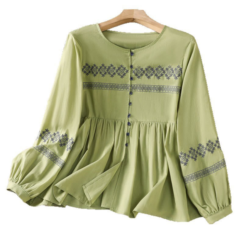 Buddha Stones Embroidery Pleated Buttons Long Lantern Sleeve Women's Cotton Shirt - image 29