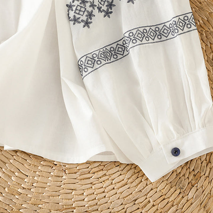 Buddha Stones Embroidery Pleated Buttons Long Lantern Sleeve Women's Cotton Shirt - image 8