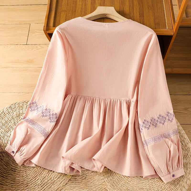 Buddha Stones Embroidery Pleated Buttons Long Lantern Sleeve Women's Cotton Shirt - image 11