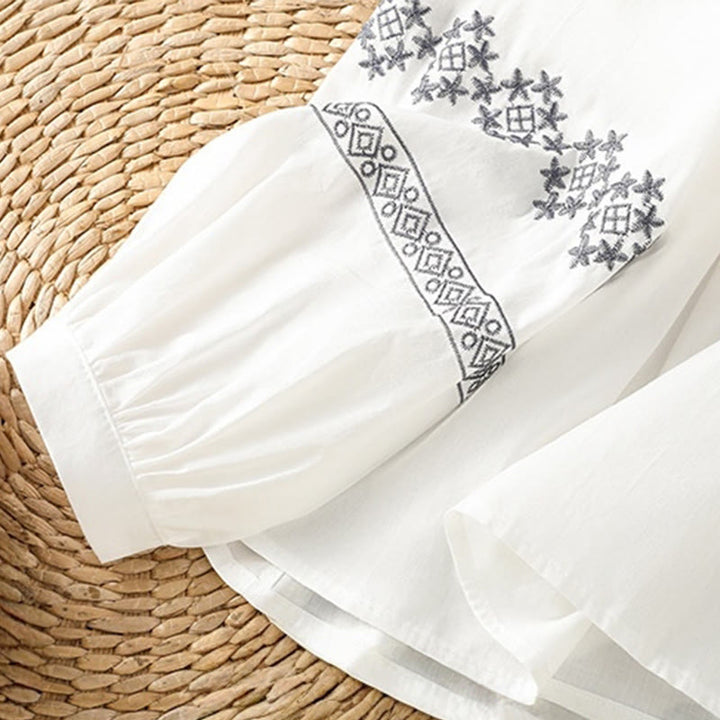 Buddha Stones Embroidery Pleated Buttons Long Lantern Sleeve Women's Cotton Shirt - image 7