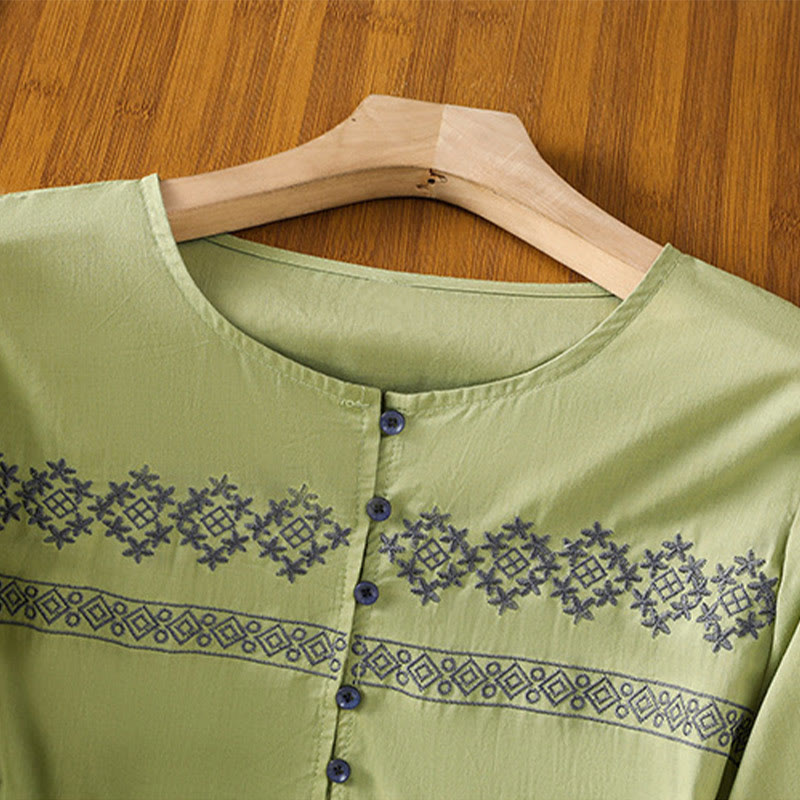 Buddha Stones Embroidery Pleated Buttons Long Lantern Sleeve Women's Cotton Shirt - image 23