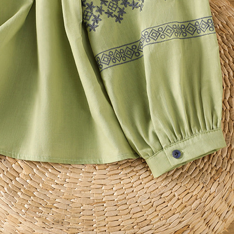 Buddha Stones Embroidery Pleated Buttons Long Lantern Sleeve Women's Cotton Shirt - image 27