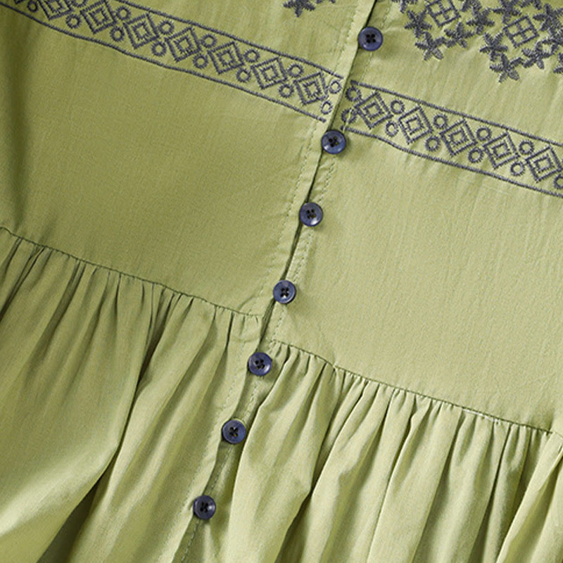 Buddha Stones Embroidery Pleated Buttons Long Lantern Sleeve Women's Cotton Shirt - image 25