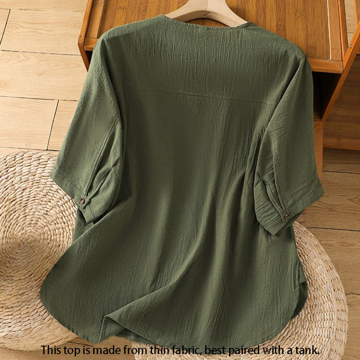 Buddha Stones Casual Plain Buttons Half Sleeve Women's Cotton Linen Shirt With Pocket - image 1