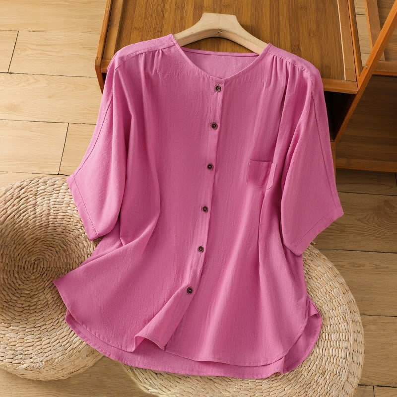 Buddha Stones Casual Plain Buttons Half Sleeve Women's Cotton Linen Shirt With Pocket - DeepPink - US8-10，UK/AU12-14，EU40-42 (2XL) - image 35