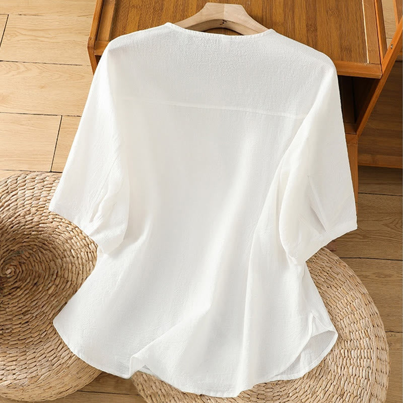 Buddha Stones Casual Plain Buttons Half Sleeve Women's Cotton Linen Shirt With Pocket - image 18