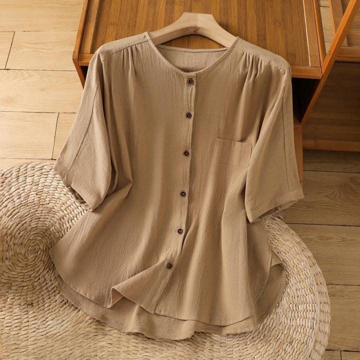 Buddha Stones Casual Plain Buttons Half Sleeve Women's Cotton Linen Shirt With Pocket - Goldenrod - US8-10，UK/AU12-14，EU40-42 (2XL) - image 25