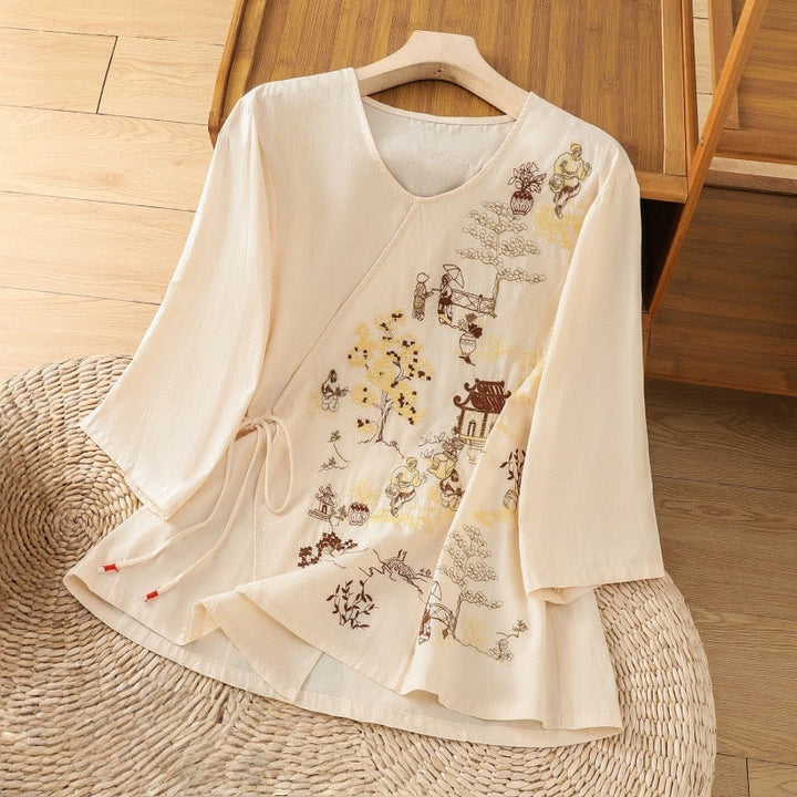 Buddha Stones Retro Embroidery Lace-Up Women's Three Quarter Sleeve Cotton Linen T-Shirt - LemonChiffon - US12，UK/AU16，EU44 (2XL) - image 1