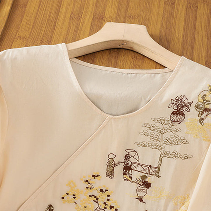 Buddha Stones Retro Embroidery Lace-Up Women's Three Quarter Sleeve Cotton Linen T-Shirt - image 3