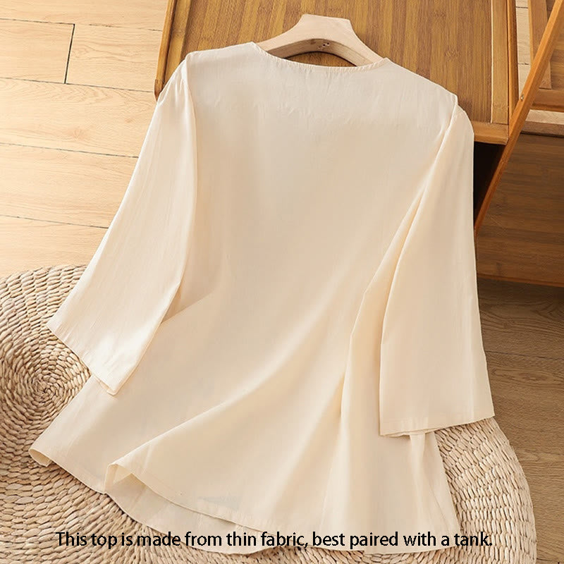 Buddha Stones Retro Embroidery Lace-Up Women's Three Quarter Sleeve Cotton Linen T-Shirt - image 2