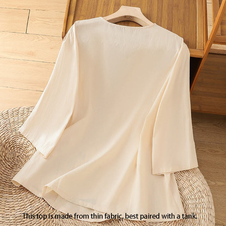 Buddha Stones Retro Embroidery Lace-Up Women's Three Quarter Sleeve Cotton Linen T-Shirt - image 2