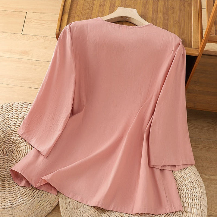 Buddha Stones Retro Embroidery Lace-Up Women's Three Quarter Sleeve Cotton Linen T-Shirt - image 10