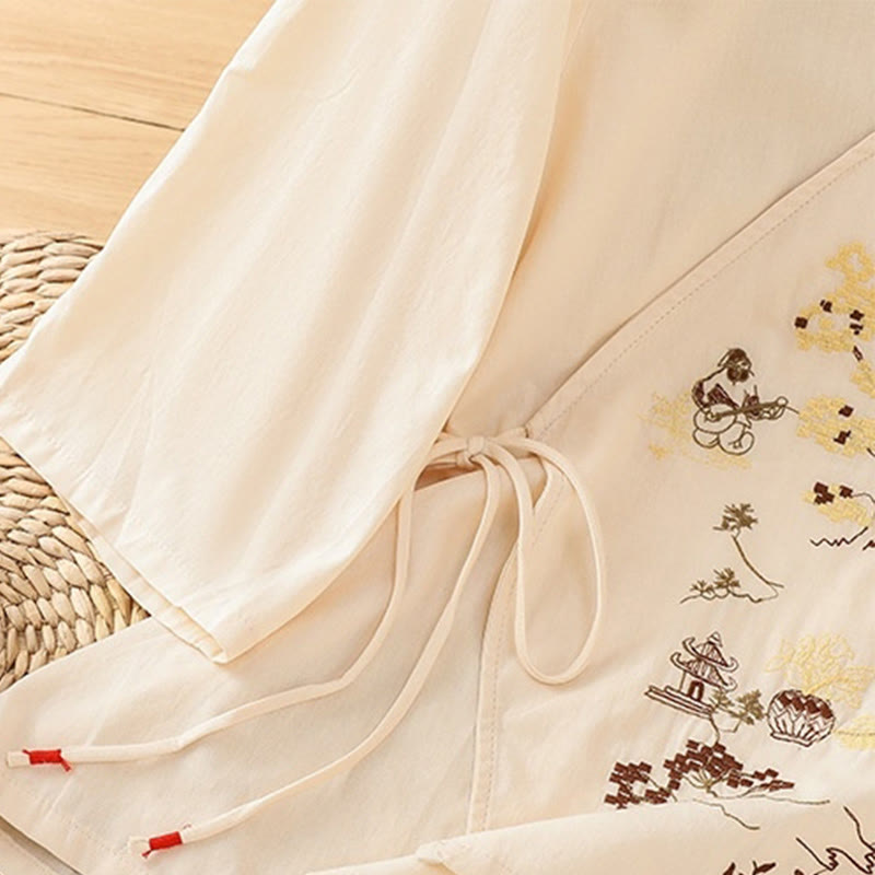 Buddha Stones Retro Embroidery Lace-Up Women's Three Quarter Sleeve Cotton Linen T-Shirt - image 7