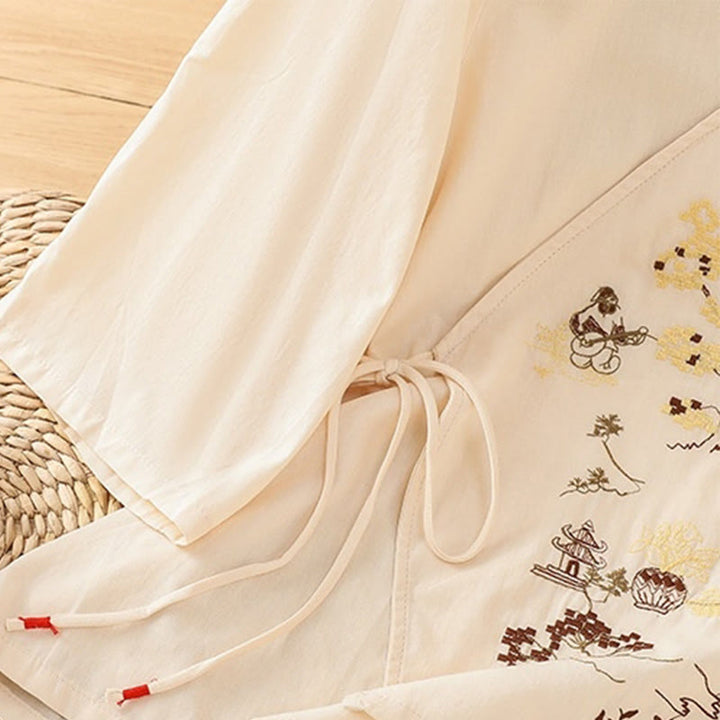 Buddha Stones Retro Embroidery Lace-Up Women's Three Quarter Sleeve Cotton Linen T-Shirt - image 7