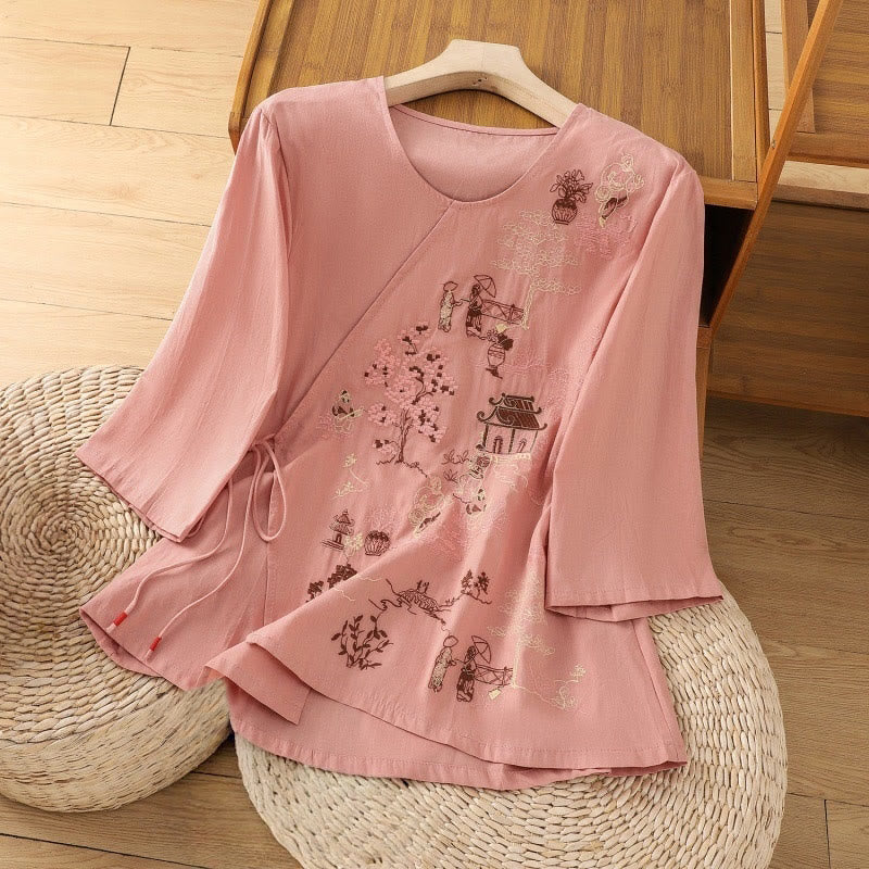 Buddha Stones Retro Embroidery Lace-Up Women's Three Quarter Sleeve Cotton Linen T-Shirt - Salmon - US12，UK/AU16，EU44 (2XL) - image 9