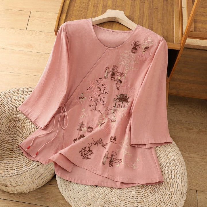 Buddha Stones Retro Embroidery Lace-Up Women's Three Quarter Sleeve Cotton Linen T-Shirt - Salmon - US12，UK/AU16，EU44 (2XL) - image 9