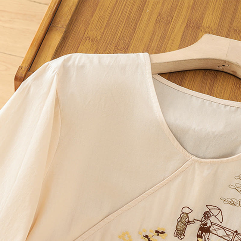 Buddha Stones Retro Embroidery Lace-Up Women's Three Quarter Sleeve Cotton Linen T-Shirt - image 3