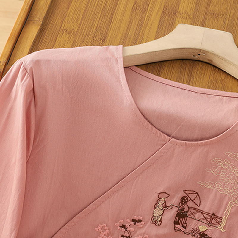 Buddha Stones Retro Embroidery Lace-Up Women's Three Quarter Sleeve Cotton Linen T-Shirt - image 11