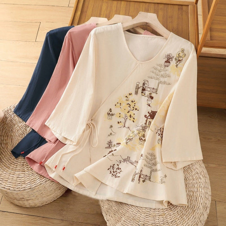 Buddha Stones Retro Embroidery Lace-Up Women's Three Quarter Sleeve Cotton Linen T-Shirt - image 23