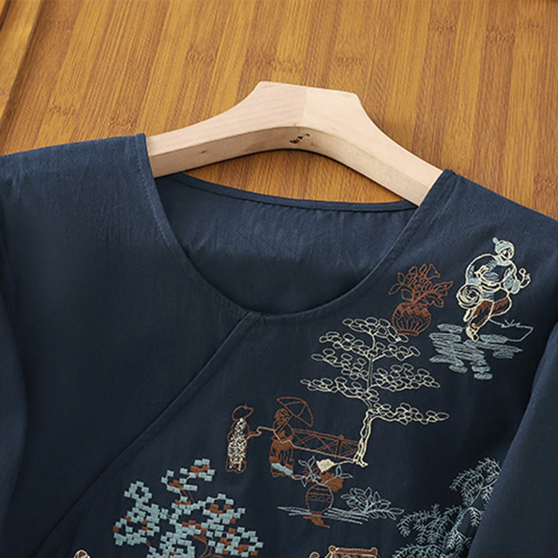 Buddha Stones Retro Embroidery Lace-Up Women's Three Quarter Sleeve Cotton Linen T-Shirt - image 16