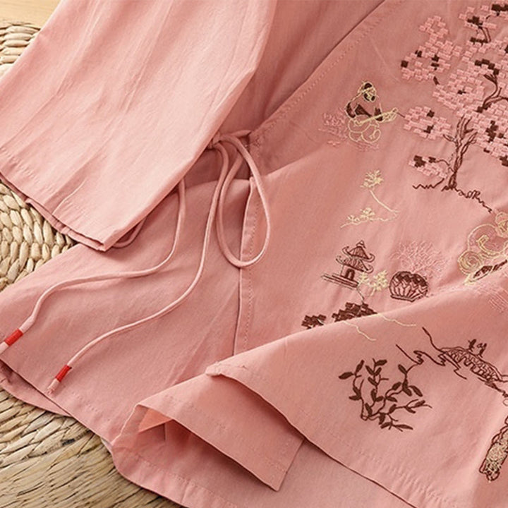 Buddha Stones Retro Embroidery Lace-Up Women's Three Quarter Sleeve Cotton Linen T-Shirt - image 13