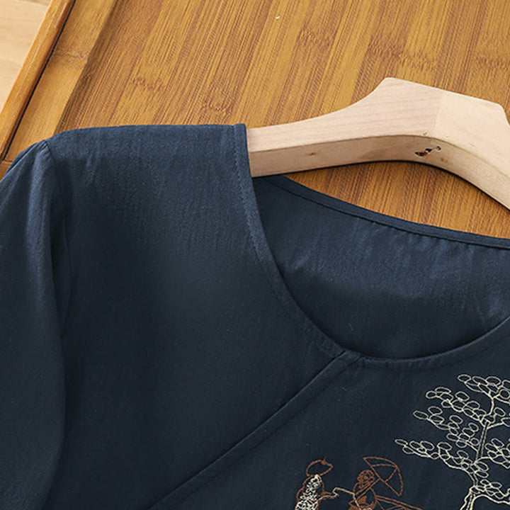 Buddha Stones Retro Embroidery Lace-Up Women's Three Quarter Sleeve Cotton Linen T-Shirt - image 17