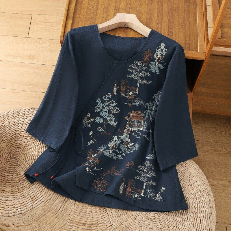 Buddha Stones Retro Embroidery Lace-Up Women's Three Quarter Sleeve Cotton Linen T-Shirt - MidnightBlue - US12，UK/AU16，EU44 (2XL) - image 15