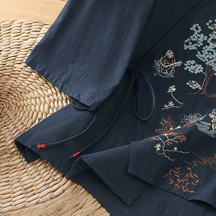Buddha Stones Retro Embroidery Lace-Up Women's Three Quarter Sleeve Cotton Linen T-Shirt - image 20