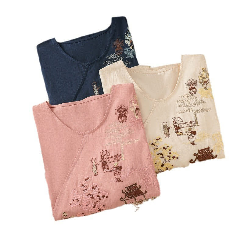 Buddha Stones Retro Embroidery Lace-Up Women's Three Quarter Sleeve Cotton Linen T-Shirt - image 24