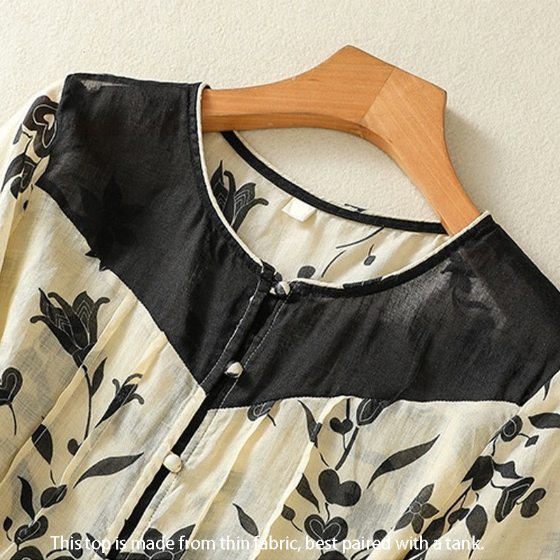 Buddha Stones Printing Floral Buttons Color Contrast Half Sleeve Women's Shirt - image 2