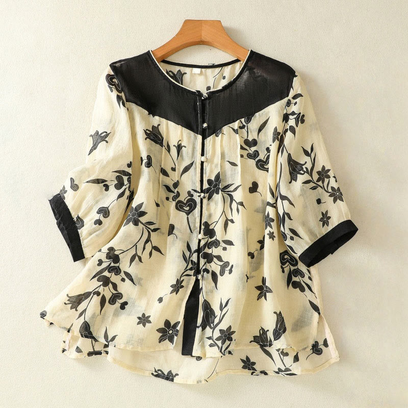 Buddha Stones Printing Floral Buttons Color Contrast Half Sleeve Women's Shirt - Black - US8-10，UK/AU12-14，EU40-42 (2XL) - image 1