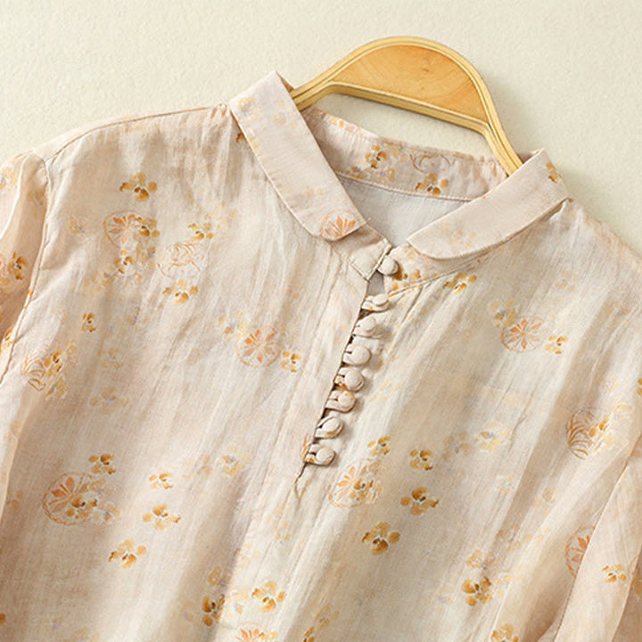 Buddha Stones Printing Frog-Buttons Lapel Half Sleeve Women's Cotton Shirt - image 11